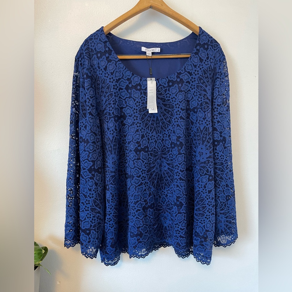 Coastal Grandmother Royal Blue Lace Long Sleeve Top Chico’s 4 XXL 20 22 NWT